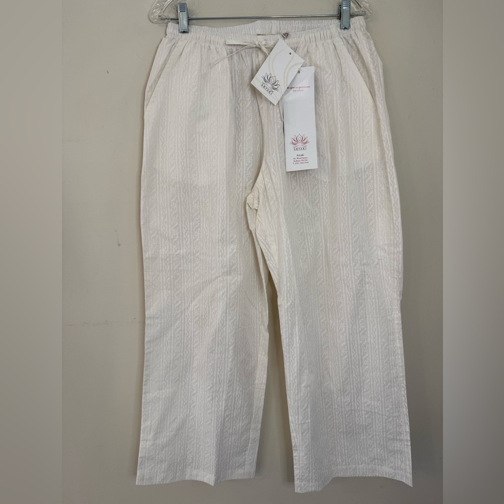 Women's Straight Leg Cream Textured Cotton Pants size L